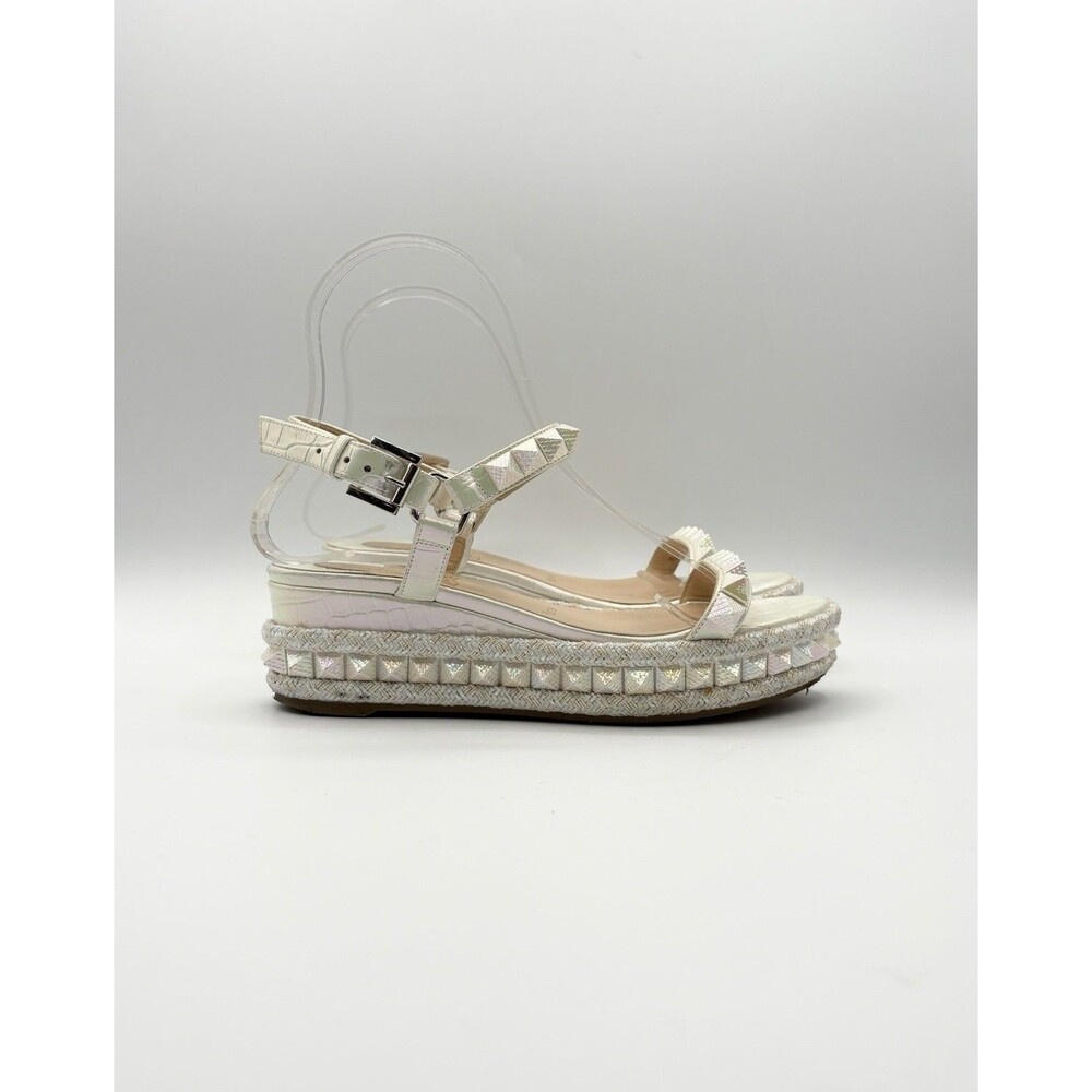 Christian Louboutin White Iridescent Pyraclou Stud Wedge Espadrilles Size EU 35
